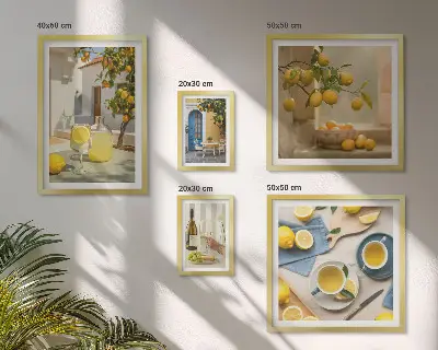 Zestaw obrazów w ramie do galerii ściennej z rustykalnymi cytrynami do kuchni