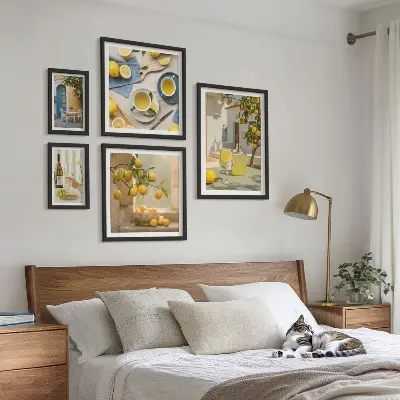 Zestaw obrazów w ramie do galerii ściennej z rustykalnymi cytrynami do kuchni