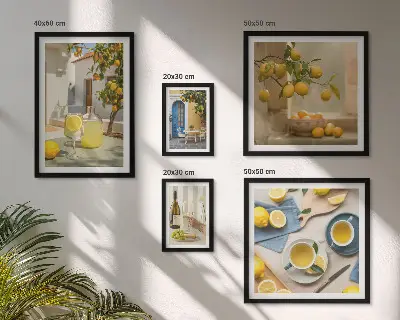 Zestaw obrazów w ramie do galerii ściennej z rustykalnymi cytrynami do kuchni