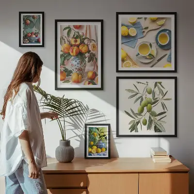 Galeria obrazów na ścianę z motywem owoców i kwiatów w stylu rustykalnym