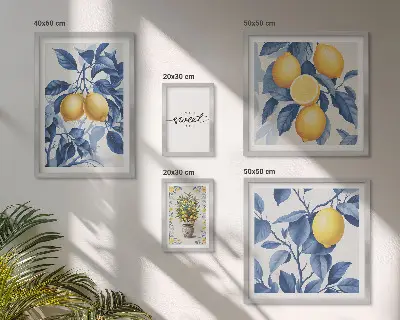 Zestaw obrazów w ramie do galerii ściennej z rustykalnymi cytrynowymi akcentami