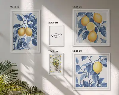 Zestaw obrazów w ramie do galerii ściennej z rustykalnymi cytrynowymi akcentami
