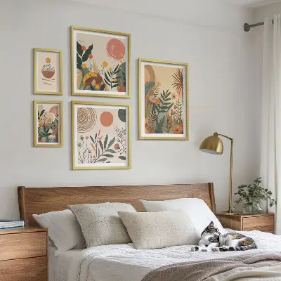 Roślinne motywy boho abstrakcja zestaw 5 obrazów w ramie