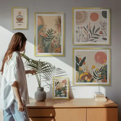 Roślinne motywy boho abstrakcja zestaw 5 obrazów w ramie