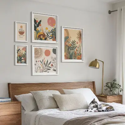 Roślinne motywy boho abstrakcja zestaw 5 obrazów w ramie
