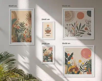 Roślinne motywy boho abstrakcja zestaw 5 obrazów w ramie