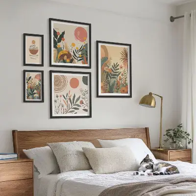 Roślinne motywy boho abstrakcja zestaw 5 obrazów w ramie