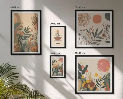 Roślinne motywy boho abstrakcja zestaw 5 obrazów w ramie