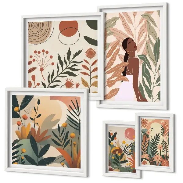 Galeria obrazów na ścianę w stylu boho z motywem roślinnym