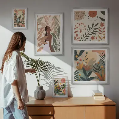 Galeria obrazów na ścianę w stylu boho z motywem roślinnym