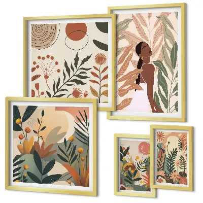 Galeria obrazów na ścianę w stylu boho z motywem roślinnym