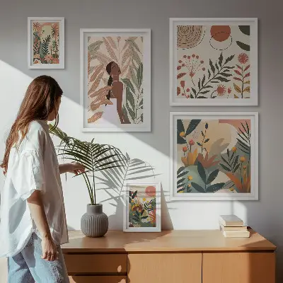 Galeria obrazów na ścianę w stylu boho z motywem roślinnym