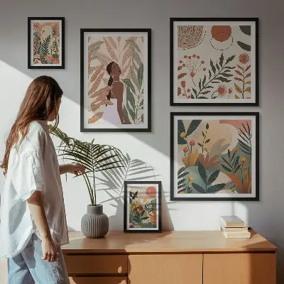 Galeria obrazów na ścianę w stylu boho z motywem roślinnym