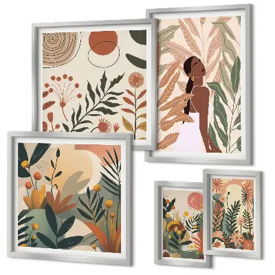Galeria obrazów na ścianę w stylu boho z motywem roślinnym
