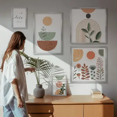 Zestaw obrazów dekoracja ścienna stylowe grafiki roślinne i geometryczne