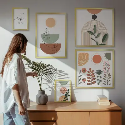 Zestaw obrazów dekoracja ścienna stylowe grafiki roślinne i geometryczne