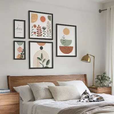 Zestaw obrazów dekoracja ścienna stylowe grafiki roślinne i geometryczne