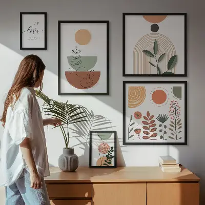 Zestaw obrazów dekoracja ścienna stylowe grafiki roślinne i geometryczne
