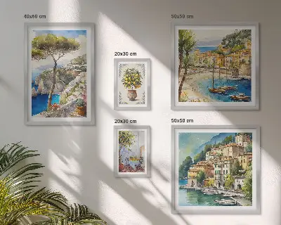 Zestaw obrazów w ramie do galerii ściennej motyw stylowych nadmorskich miasteczek