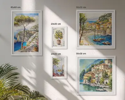 Zestaw obrazów w ramie do galerii ściennej motyw stylowych nadmorskich miasteczek