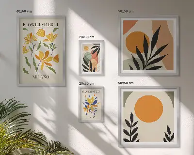 Galeria obrazów na ścianę z abstrakcyjnymi kwiatami w stylu boho