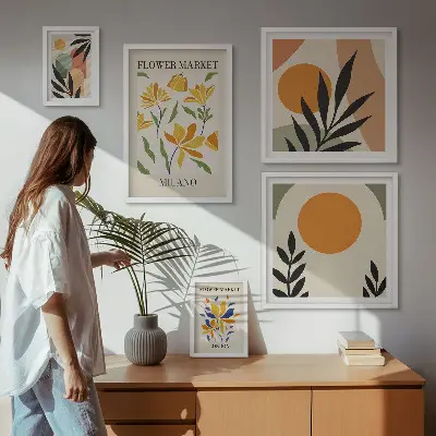 Galeria obrazów na ścianę z abstrakcyjnymi kwiatami w stylu boho