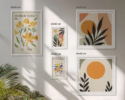 Galeria obrazów na ścianę z abstrakcyjnymi kwiatami w stylu boho