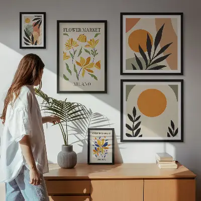 Galeria obrazów na ścianę z abstrakcyjnymi kwiatami w stylu boho