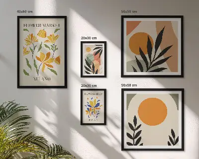 Galeria obrazów na ścianę z abstrakcyjnymi kwiatami w stylu boho