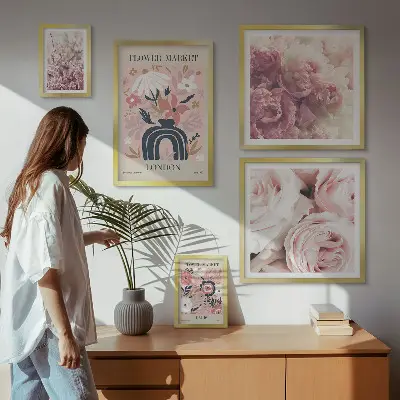 Zestaw obrazów w ramie do galerii ściennej z kwiatowymi motywami w stylu boho