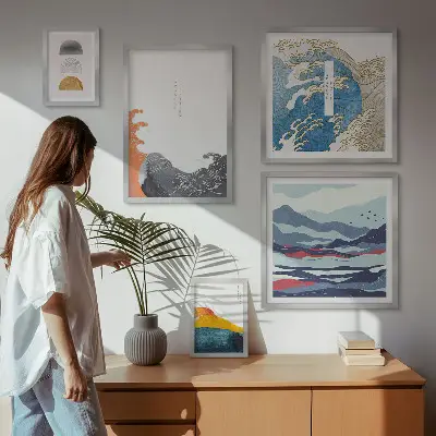 Zestaw obrazów w ramie do galerii ściennej w stylu japońskim z motywem fal i gór