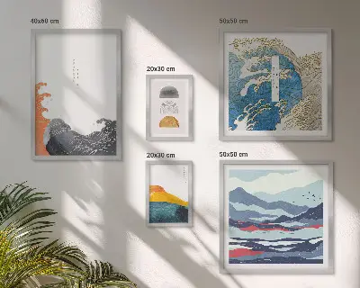 Zestaw obrazów w ramie do galerii ściennej w stylu japońskim z motywem fal i gór