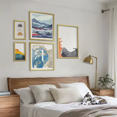 Zestaw obrazów w ramie do galerii ściennej w stylu japońskim z motywem fal i gór