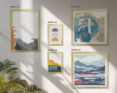 Zestaw obrazów w ramie do galerii ściennej w stylu japońskim z motywem fal i gór
