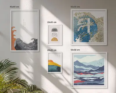 Zestaw obrazów w ramie do galerii ściennej w stylu japońskim z motywem fal i gór