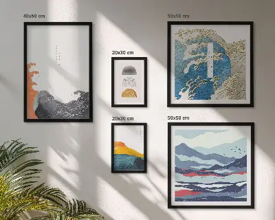 Zestaw obrazów w ramie do galerii ściennej w stylu japońskim z motywem fal i gór