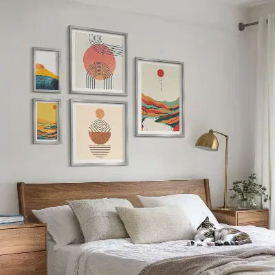 Abstrakcyjne pejzaże geometryczne zestaw 5 obrazów w ramie