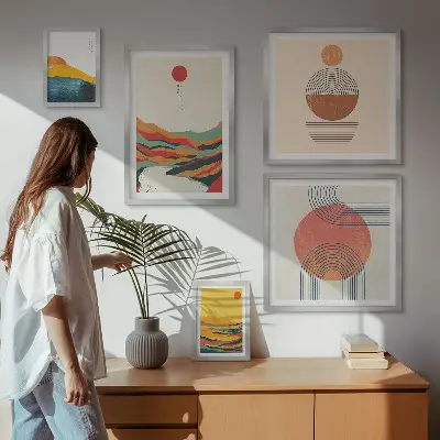 Abstrakcyjne pejzaże geometryczne zestaw 5 obrazów w ramie