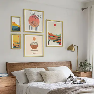 Abstrakcyjne pejzaże geometryczne zestaw 5 obrazów w ramie