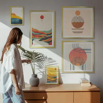 Abstrakcyjne pejzaże geometryczne zestaw 5 obrazów w ramie