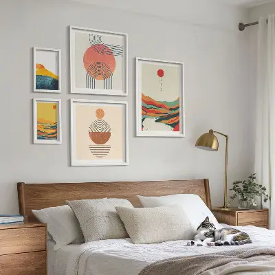 Abstrakcyjne pejzaże geometryczne zestaw 5 obrazów w ramie