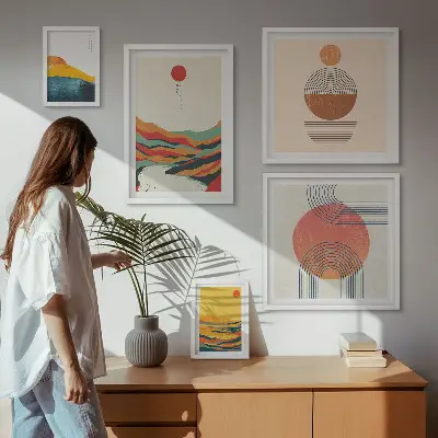 Abstrakcyjne pejzaże geometryczne zestaw 5 obrazów w ramie