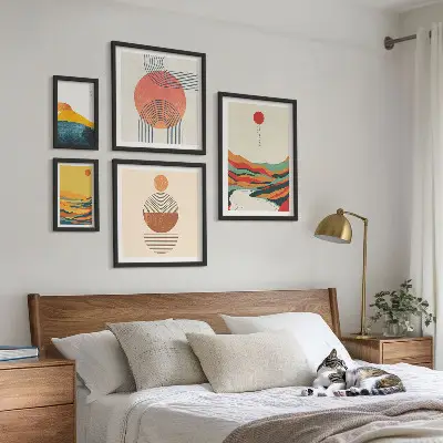 Abstrakcyjne pejzaże geometryczne zestaw 5 obrazów w ramie