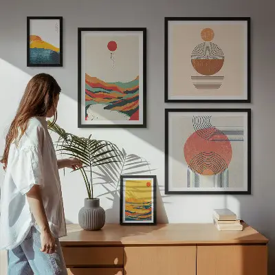 Abstrakcyjne pejzaże geometryczne zestaw 5 obrazów w ramie