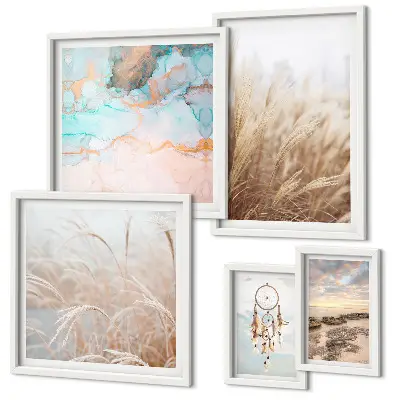 Zestaw obrazów w ramie do galerii ściennej z naturalnymi pejzażami w stylu boho etno
