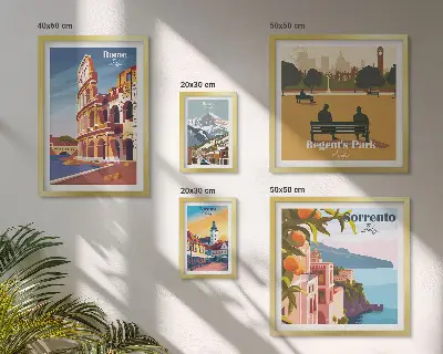 Zestaw obrazów w ramie do galerii ściennej z motywem krajobrazów europejskich miast