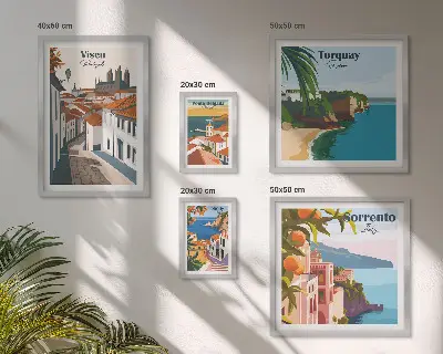 Zestaw obrazów w ramie do galerii ściennej z malowniczymi miasteczkami Europy