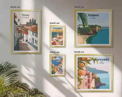 Zestaw obrazów w ramie do galerii ściennej z malowniczymi miasteczkami Europy