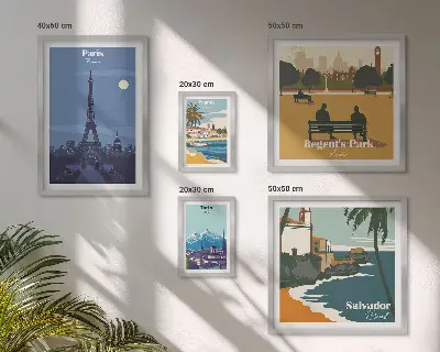 Dekoracja ścienna zestaw obrazów europejskie miasta ikony w stylu retro