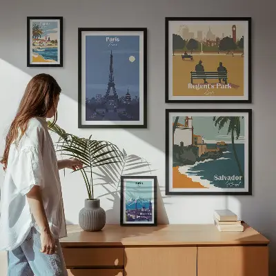 Dekoracja ścienna zestaw obrazów europejskie miasta ikony w stylu retro